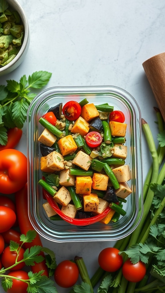 A colorful vegetable stir-fry with tofu in a glass meal prep container, surrounded by fresh vegetables.