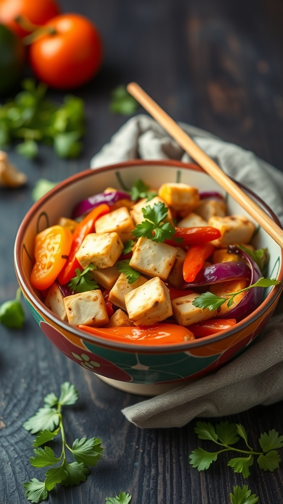 A vibrant vegetable stir-fry with tofu, featuring colorful bell peppers and garnished with cilantro.