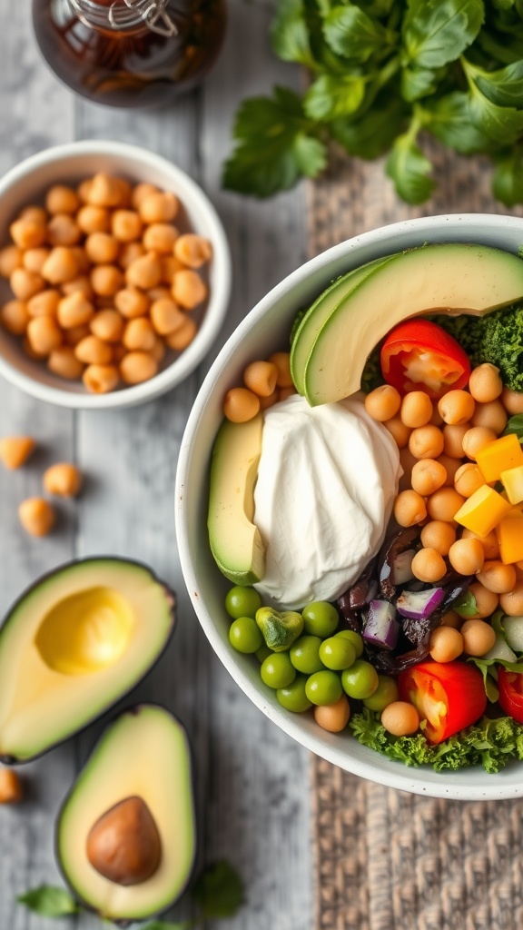 A colorful vegetarian Buddha bowl featuring chickpeas, avocado, tomatoes, greens, and a dollop of sauce.