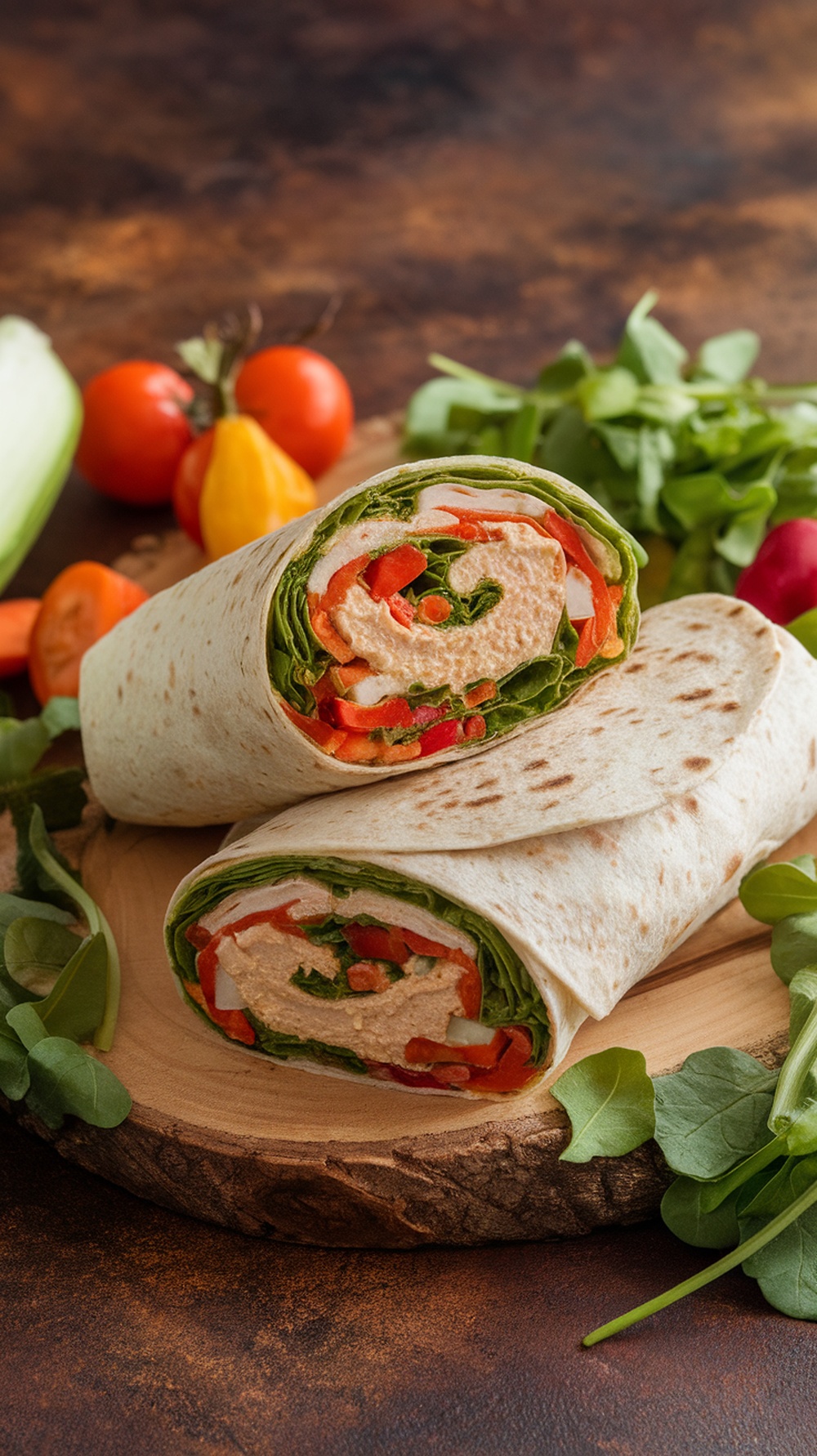 Vegetarian hummus wrap with veggies, featuring a colorful assortment of fresh ingredients.