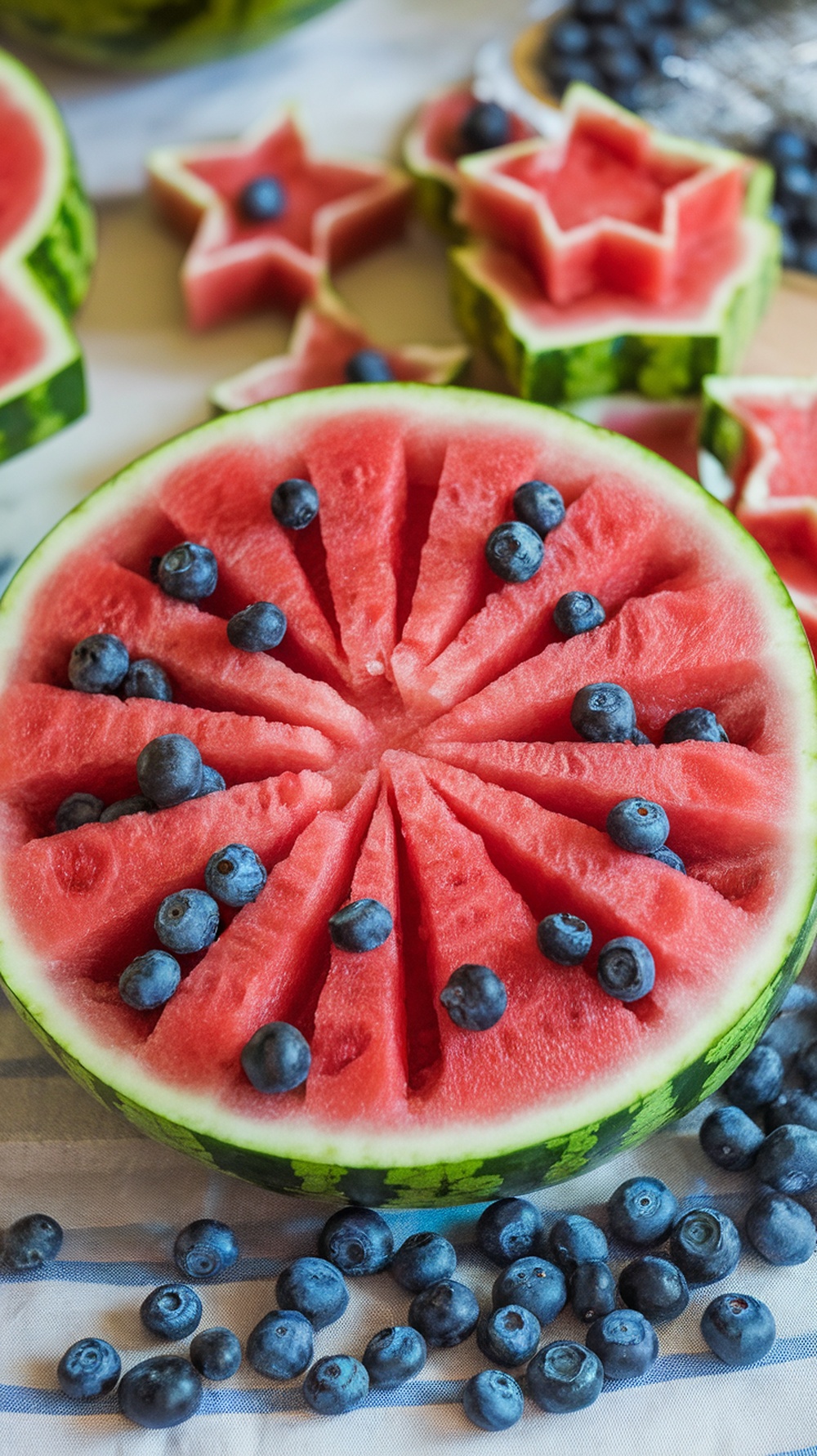 A festive watermelon slice decorated with star-shaped pieces and blueberries, resembling fireworks.
