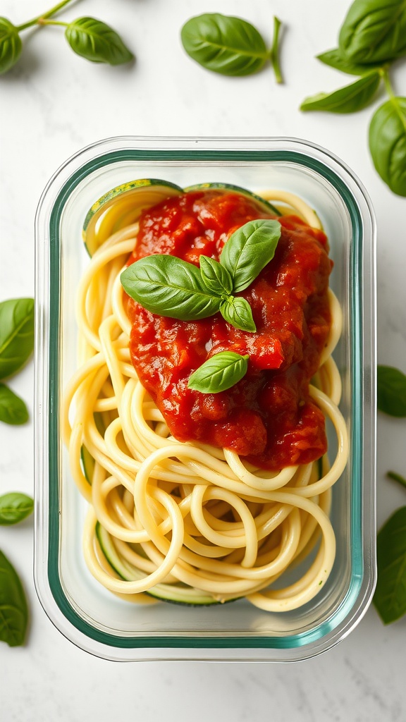 A meal prep container filled with zucchini noodles topped with marinara sauce and fresh basil leaves.