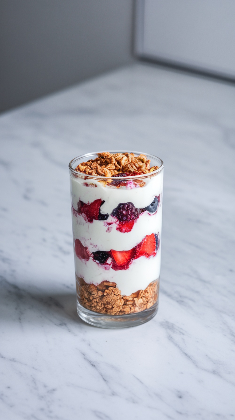 A glass of Greek yogurt and berry parfait layered with granola, strawberries, and blueberries.