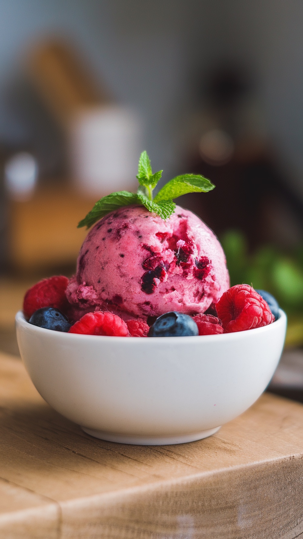 A bowl of pink berry sorbet topped with mint leaves and surrounded by fresh berries.