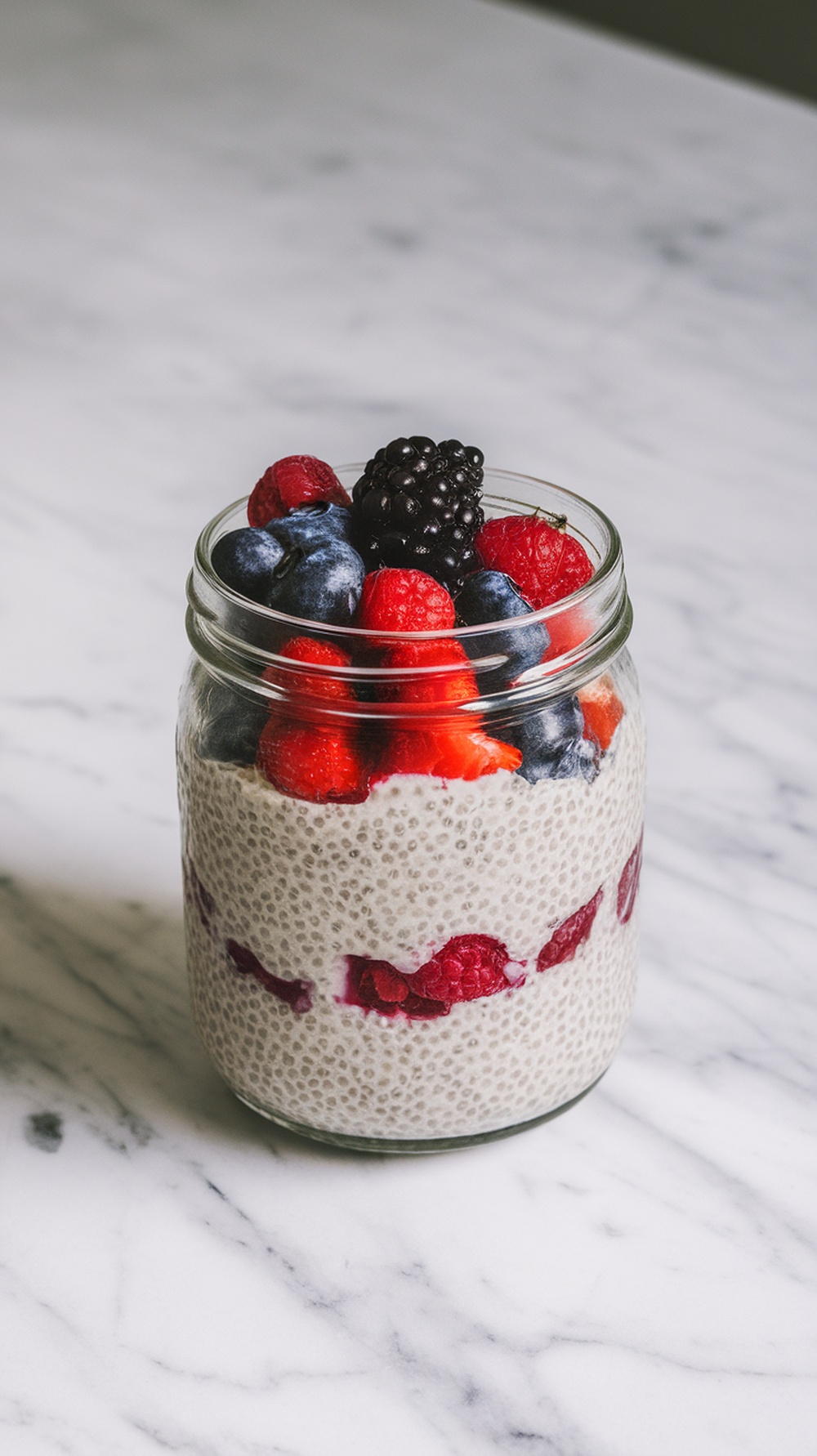 A jar of chia seed pudding topped with fresh berries.