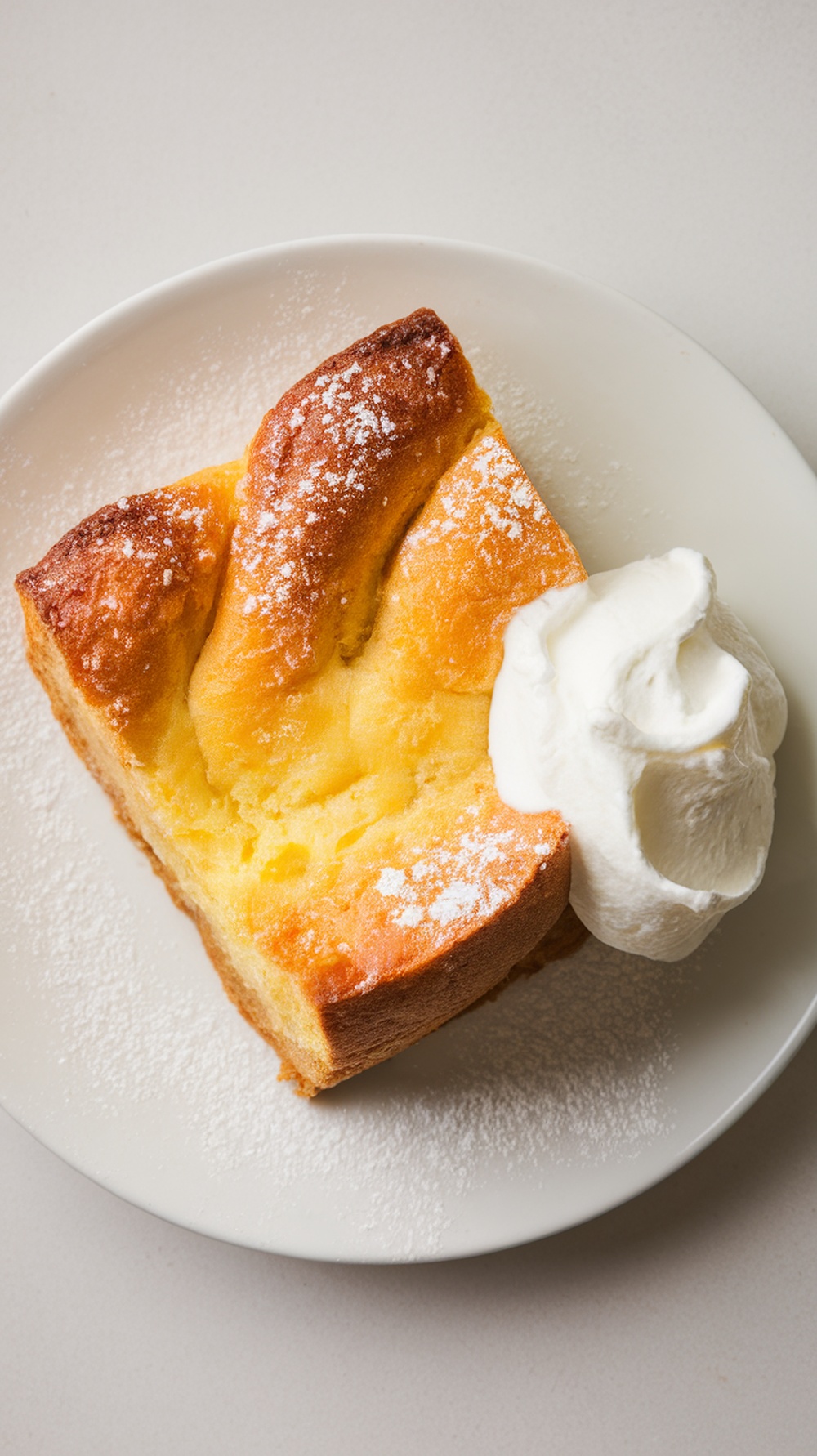 A slice of keto bread pudding topped with whipped cream and dusted with powdered sugar.