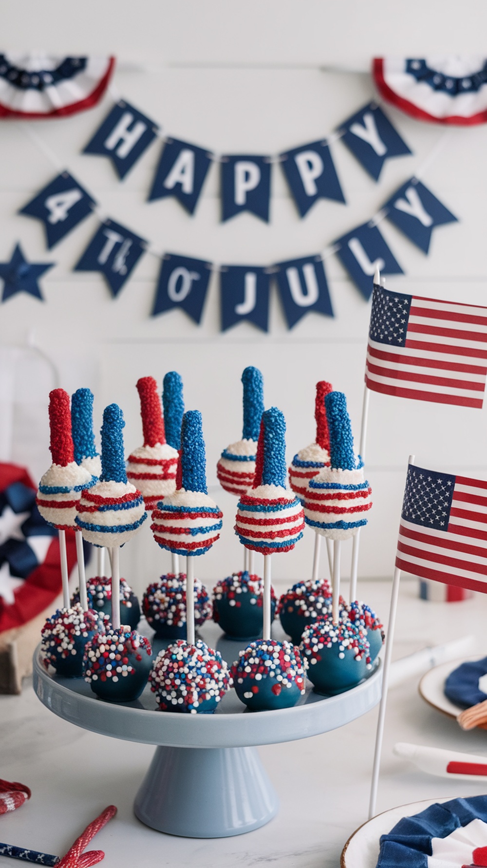 A display of colorful cake pops decorated for the 4th of July celebration.