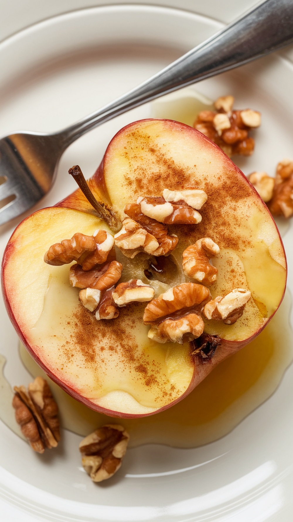 Baked apple with cinnamon and walnuts on a plate