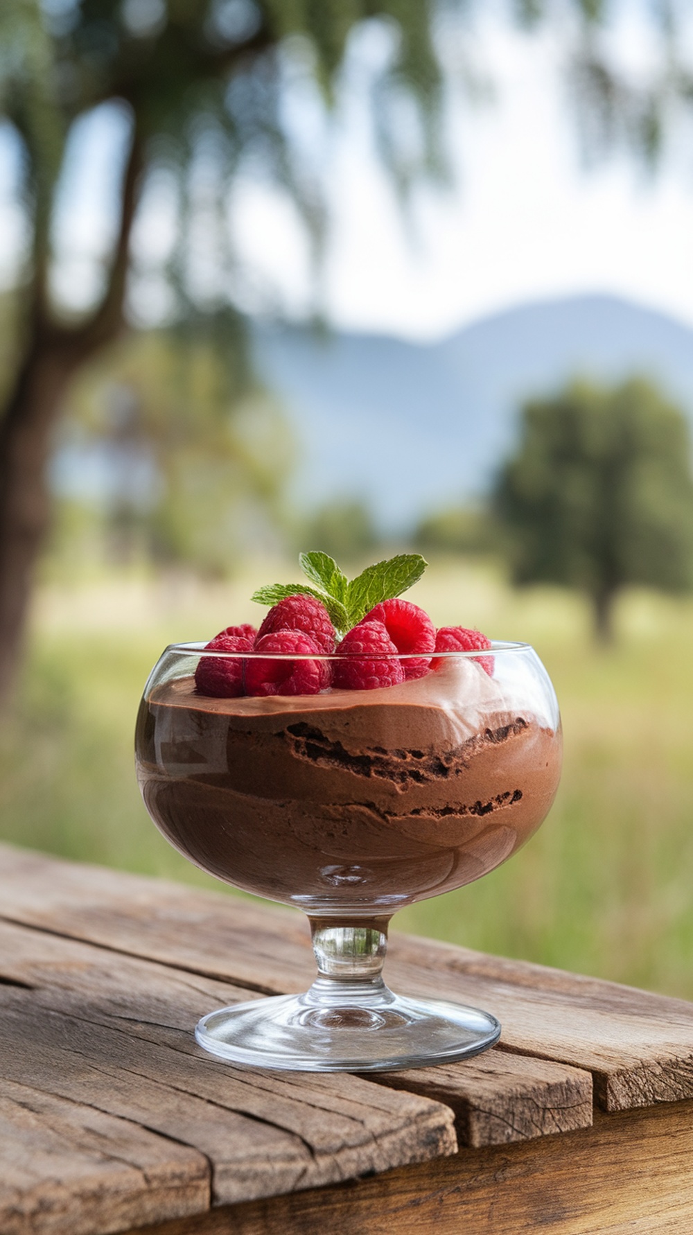 A bowl of avocado chocolate mousse topped with raspberries and mint leaves