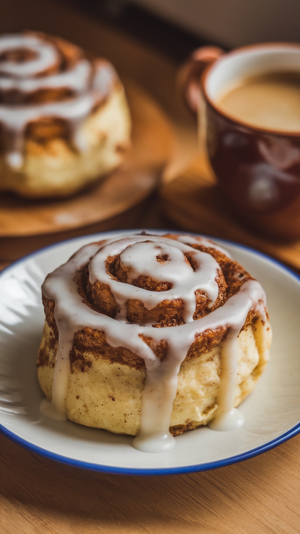 A plate of keto cinnamon rolls drizzled with icing, next to a cup of coffee.