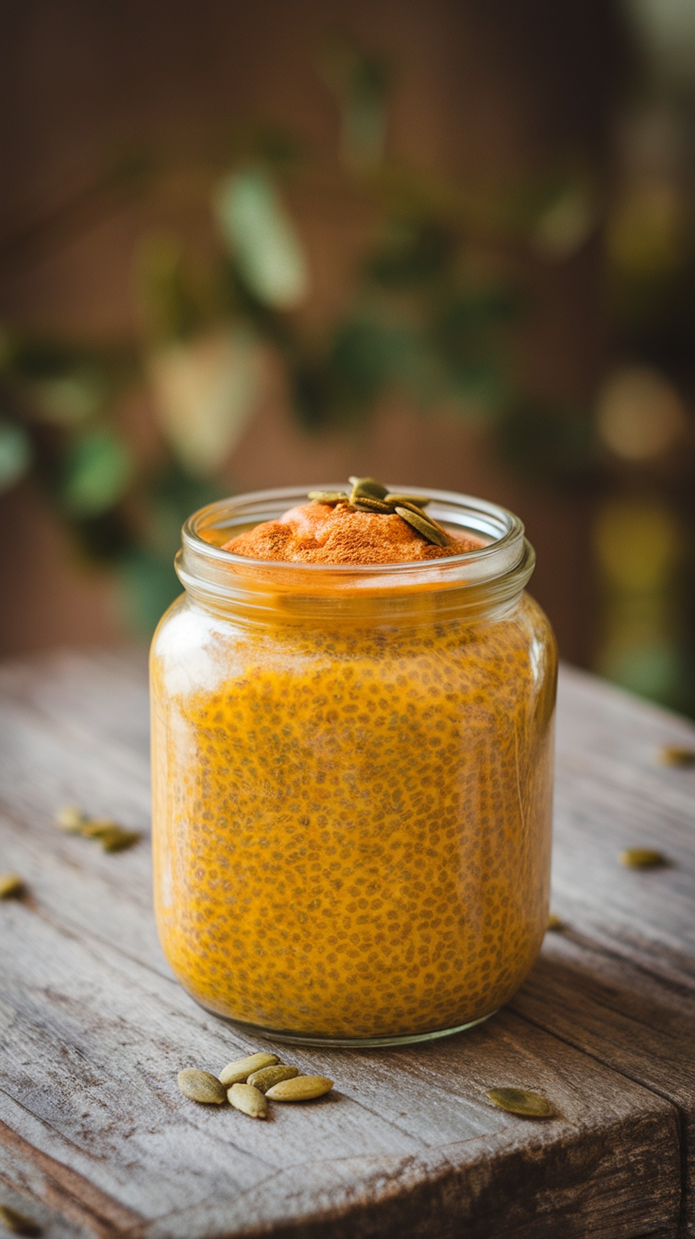 A jar of pumpkin pie chia pudding topped with pumpkin spice and seeds