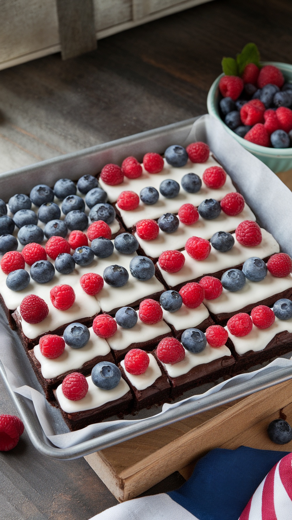 American Flag Brownies decorated with raspberries and blueberries