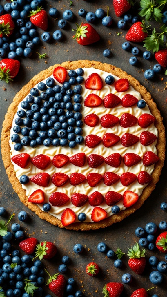 A fruit pizza designed to look like the American flag, featuring strawberries and blueberries.