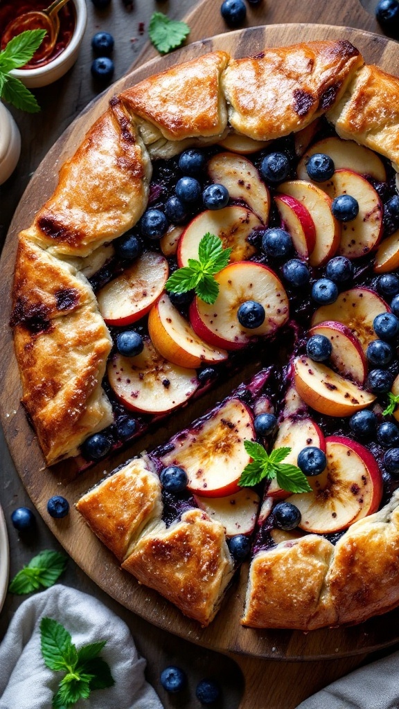 A rustic apple and blueberry galette, showcasing sliced apples and blueberries, with a golden-brown crust.
