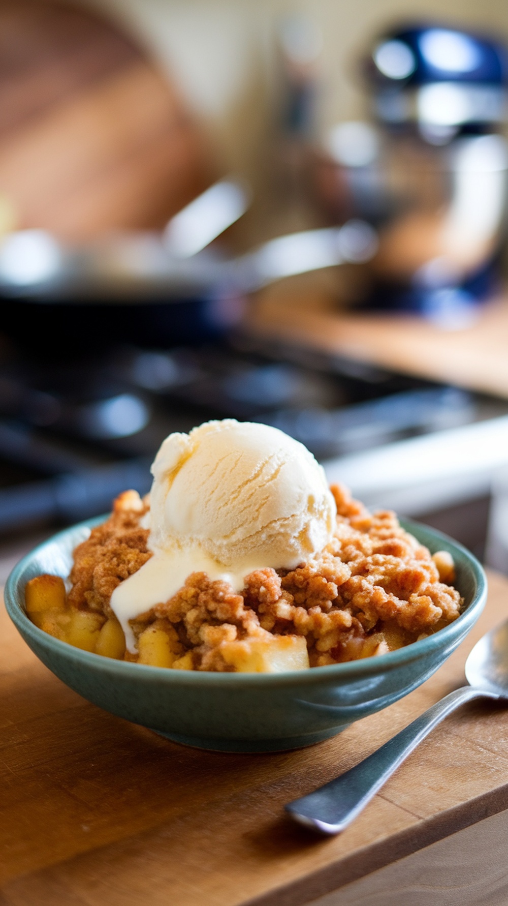 Bowl of warm apple crisp topped with ice cream