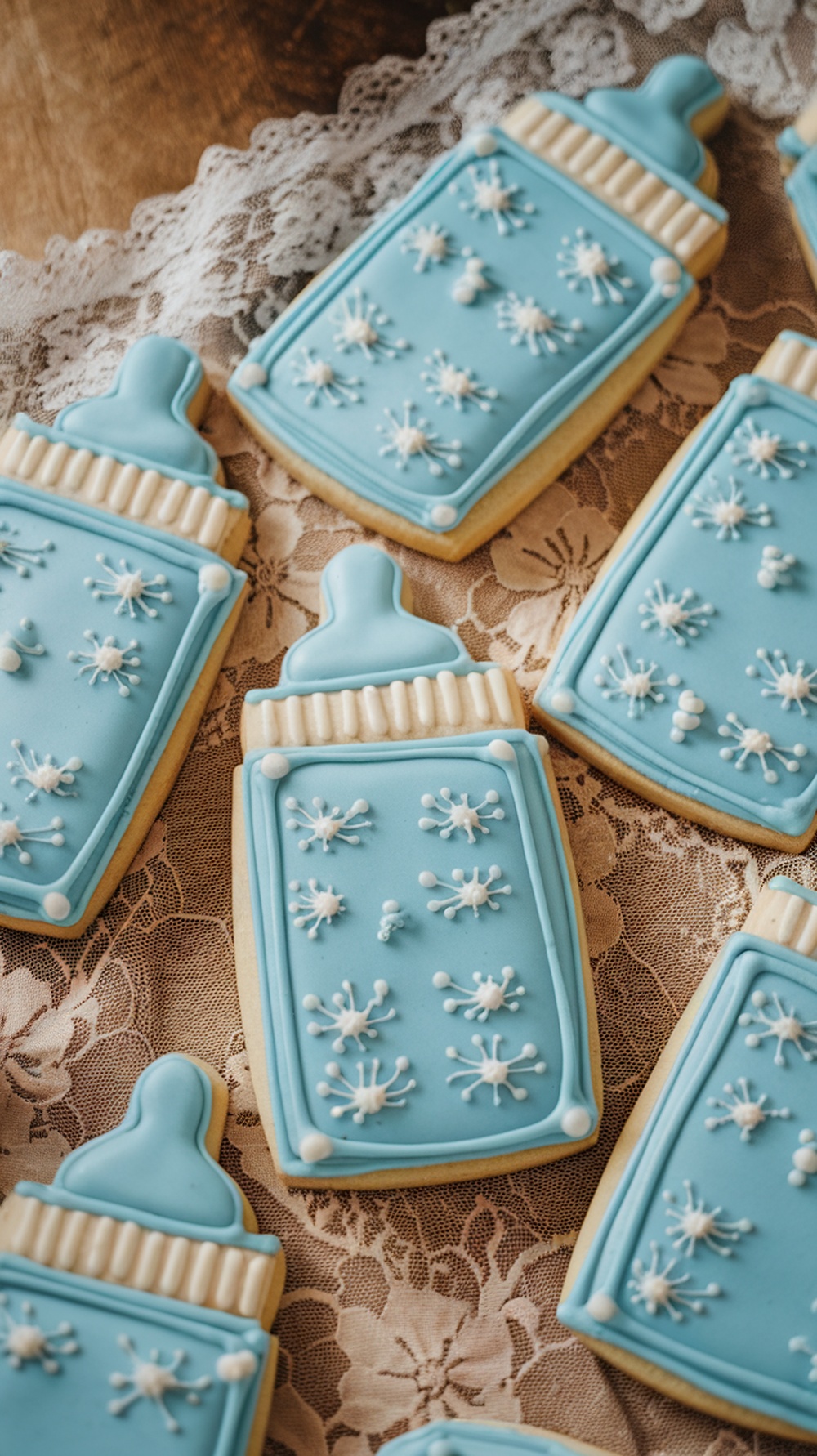 Decorated baby bottle sugar cookies on a lace cloth