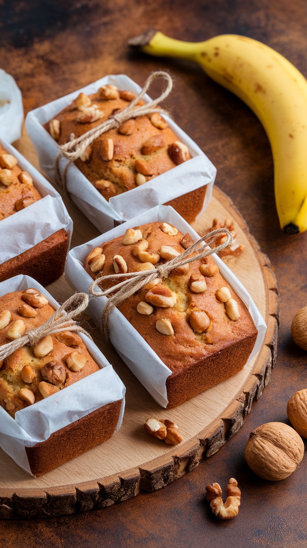 Mini loaves of banana bread topped with nuts