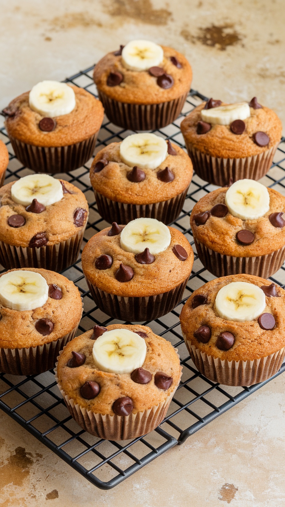 Delicious banana chocolate chip muffins topped with banana slices and chocolate chips.