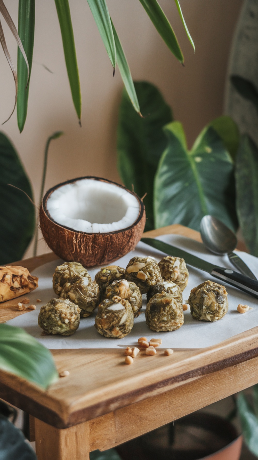 Homemade banana coconut energy bites on a table with coconut shell.