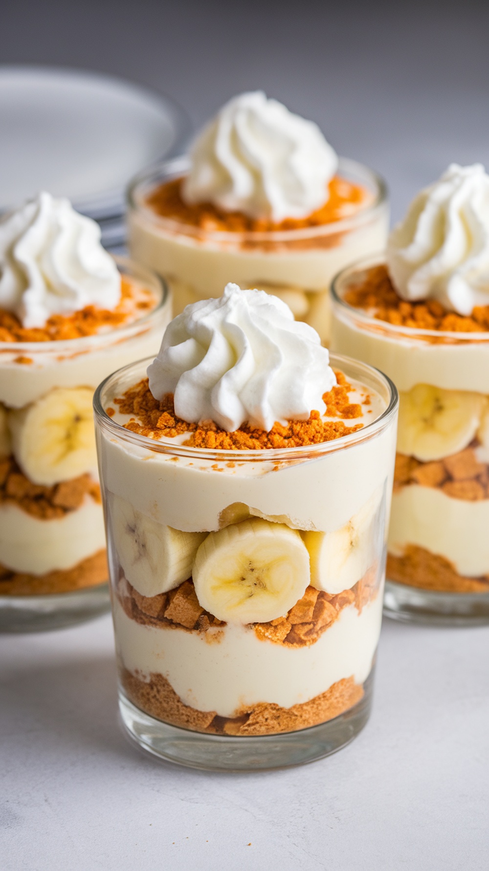 Delicious banana cream pie parfaits in glasses topped with whipped cream and graham cracker crumbs.