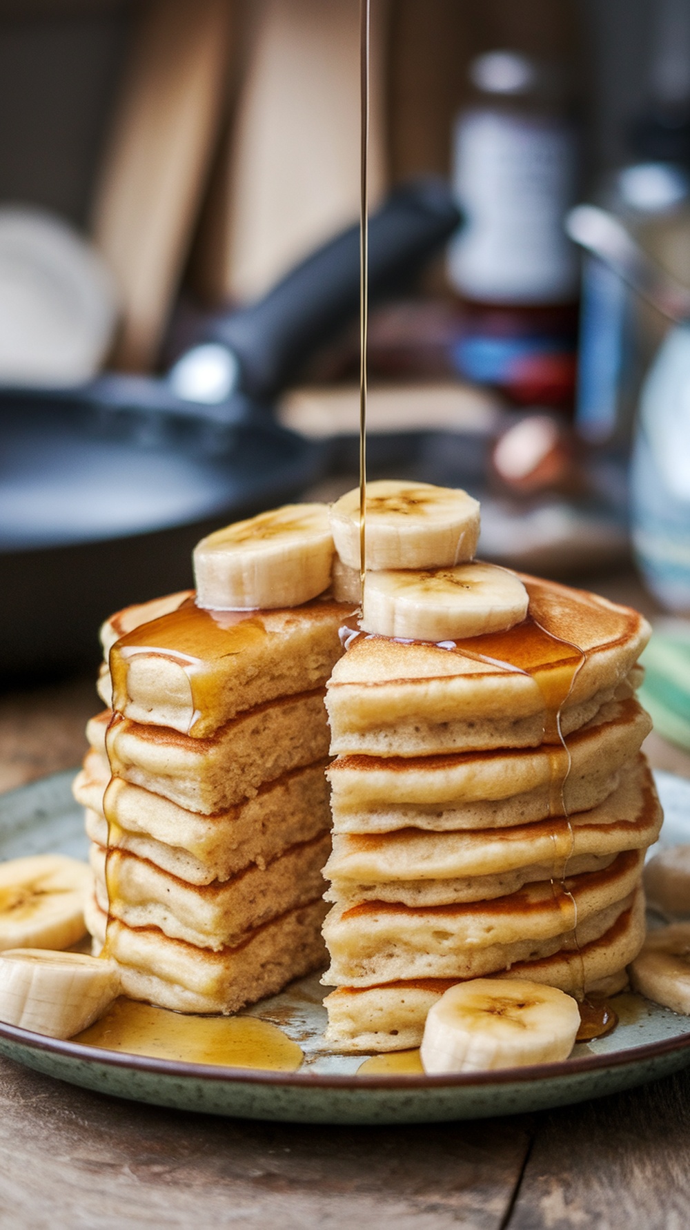 A stack of fluffy Banana Foster pancakes topped with sliced bananas and syrup.