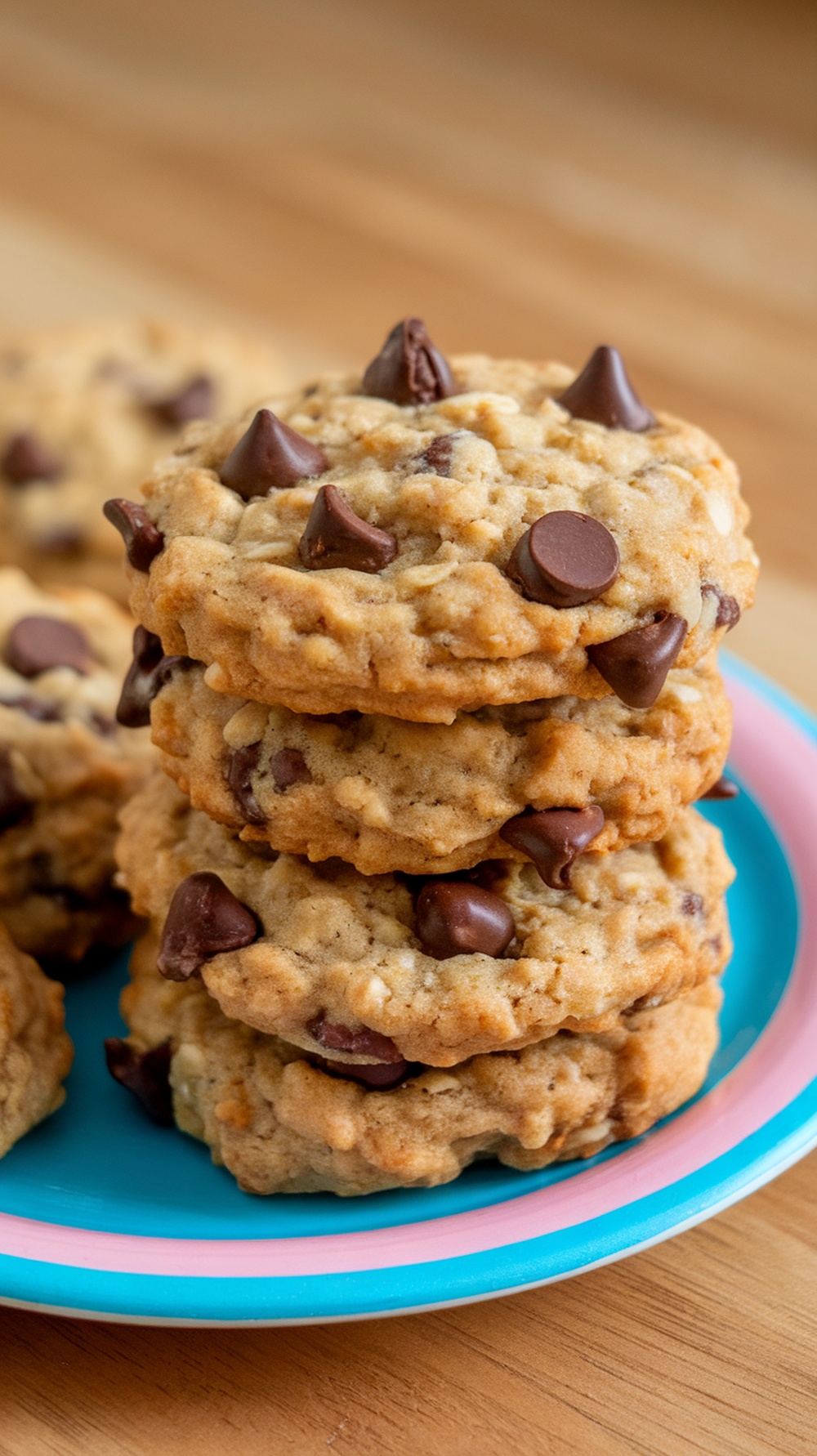 A stack of banana oatmeal cookies on a colorful plate.