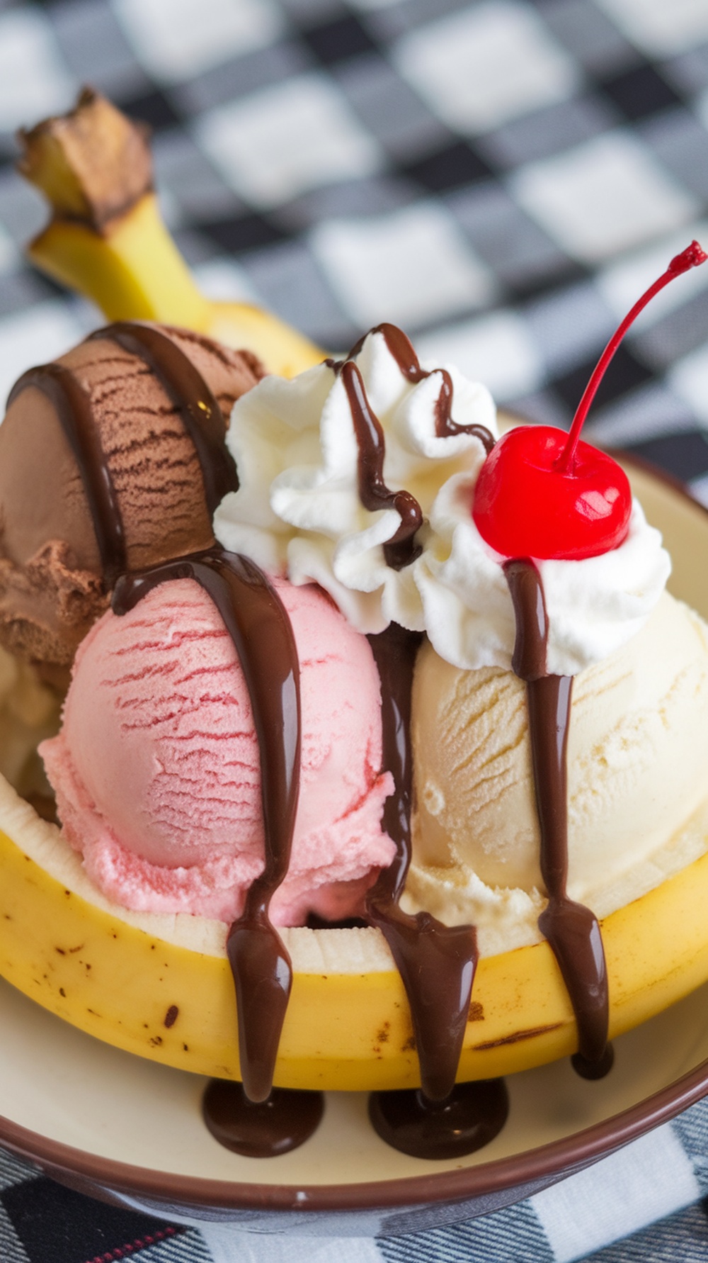 A delicious banana split sundae featuring scoops of chocolate, strawberry, and vanilla ice cream topped with whipped cream and a cherry.
