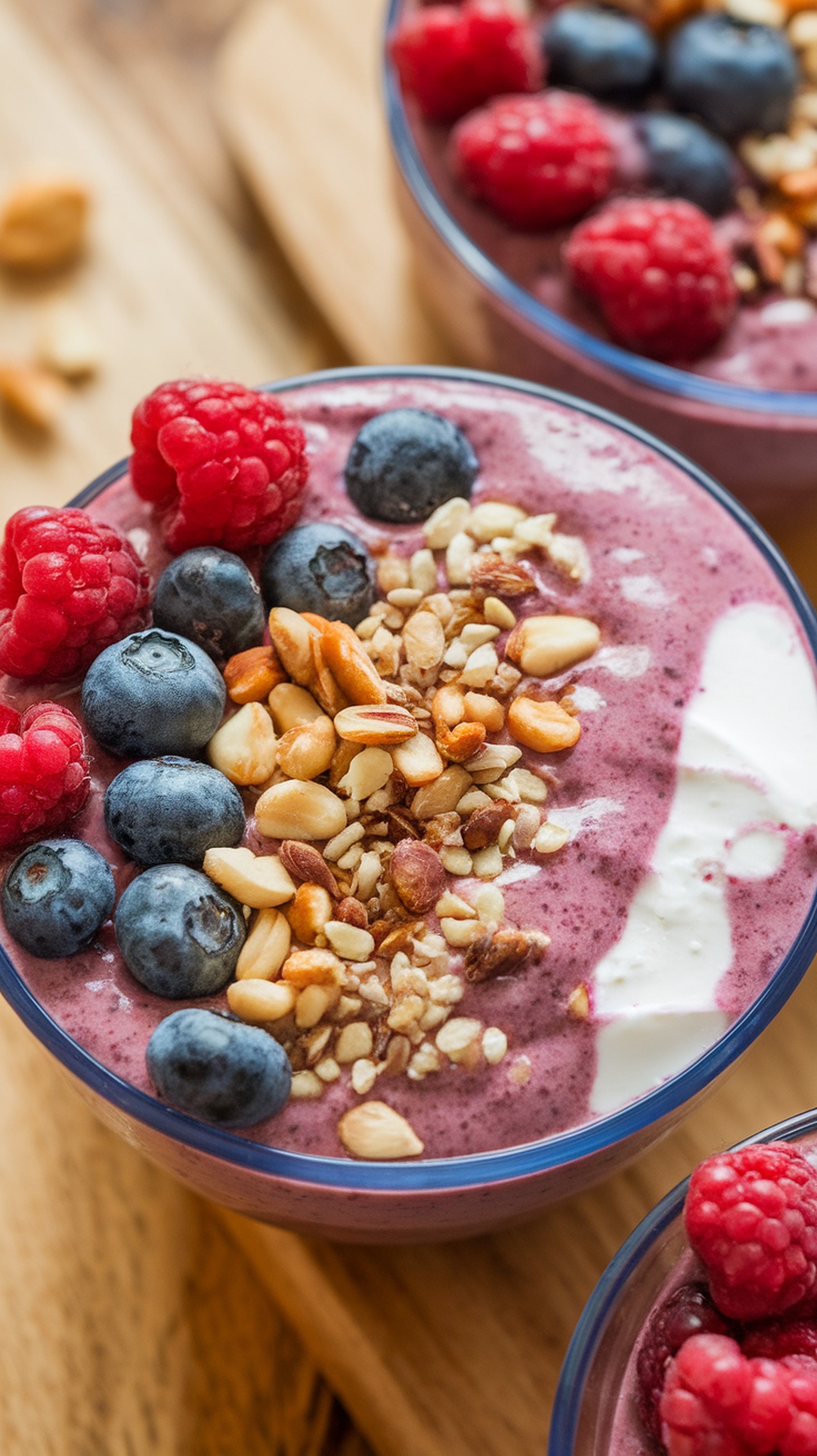 Berry Cottage Cheese Smoothie Bowl topped with fresh berries and granola.