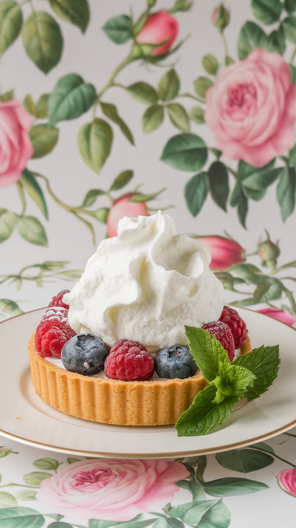 A delicious berry tart topped with whipped cream and garnished with mint leaves.
