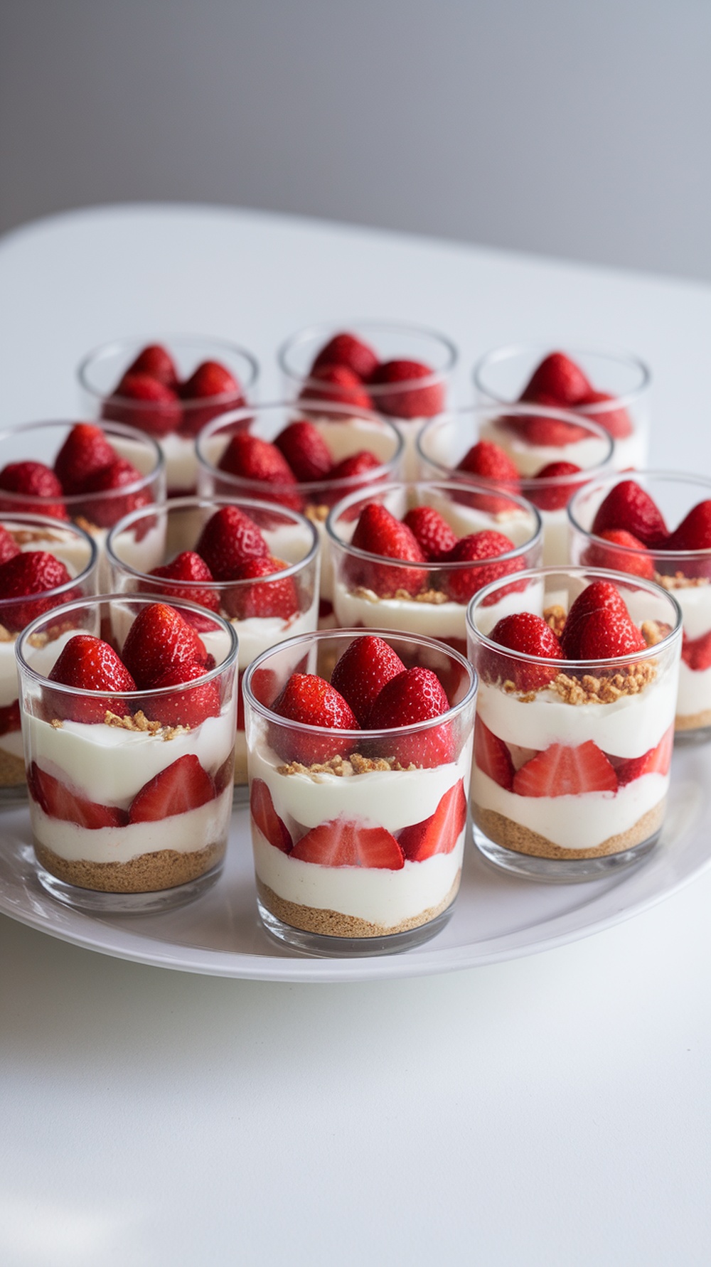 A platter of mini strawberry trifles in glass cups, beautifully layered with strawberries, cream, and crumbs.