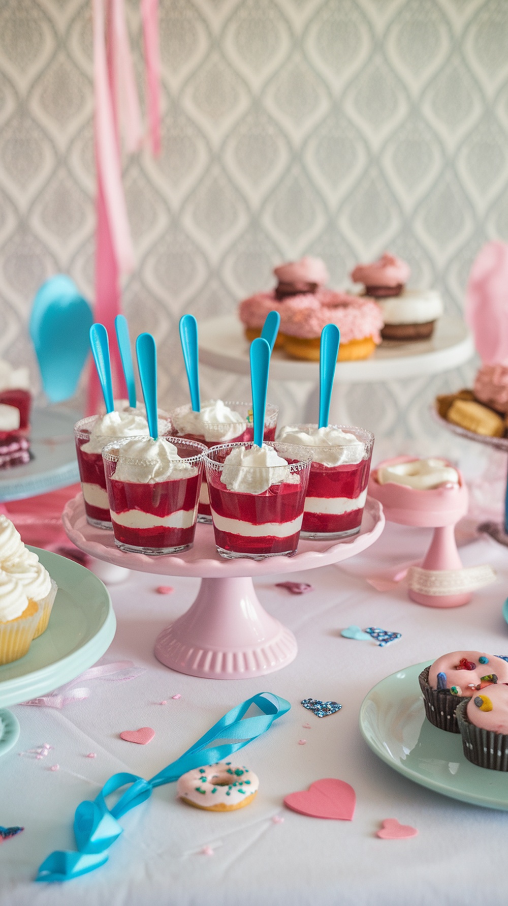 Colorful blue raspberry jello cups with whipped cream on a pink dessert table