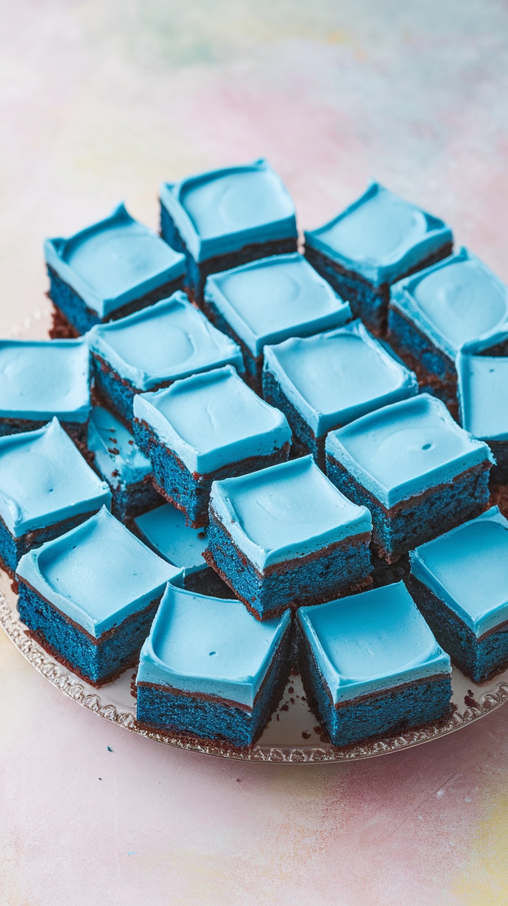 A plate of blue velvet brownies with bright blue frosting, cut into squares.