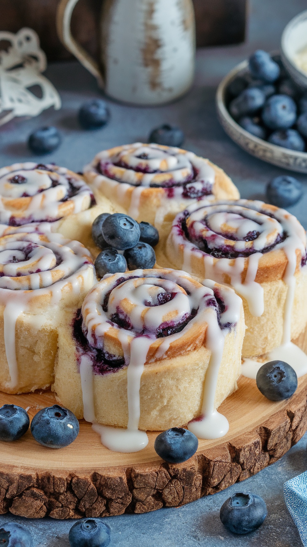 Blueberry cream cheese cinnamon rolls on a wooden plate with fresh blueberries.