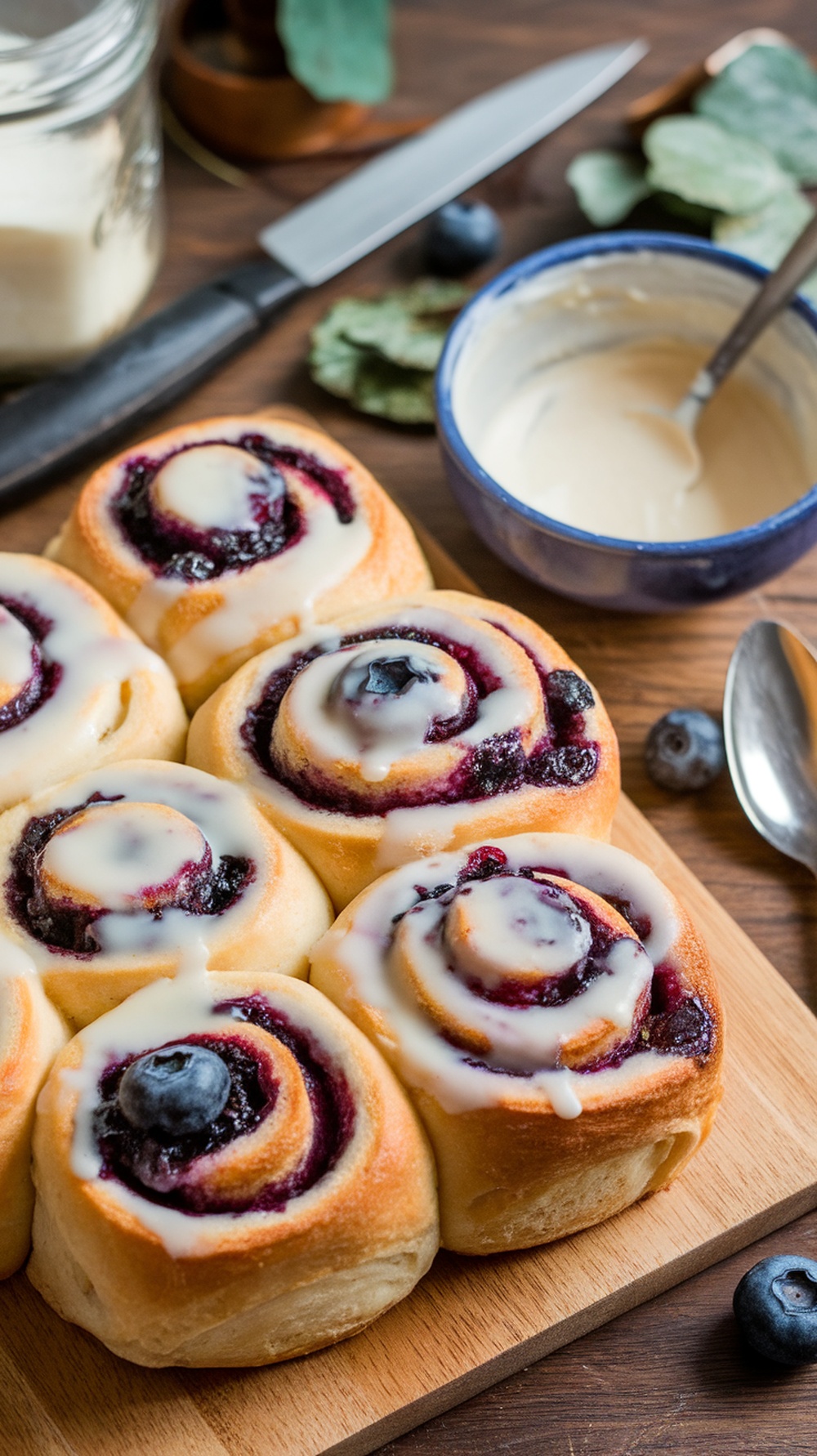 Blueberry cream cheese cinnamon rolls with icing on a wooden board.