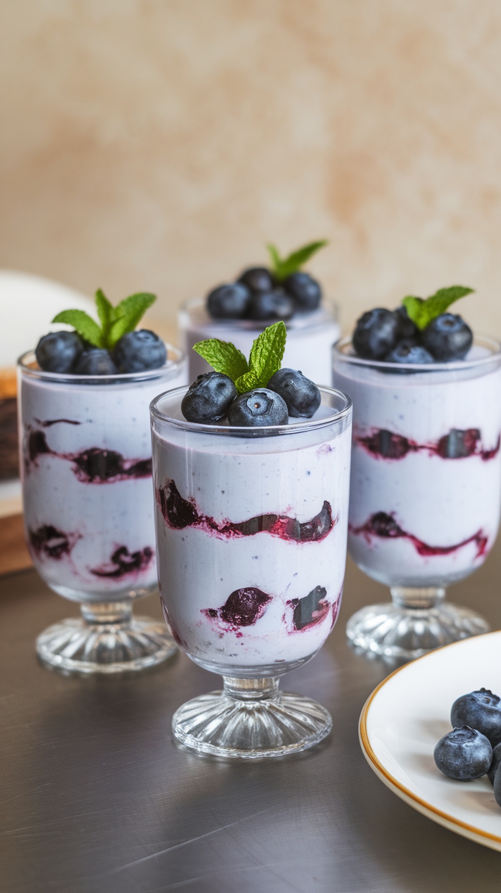 Blueberry mousse parfaits in clear cups with fresh blueberries and mint leaves on top.