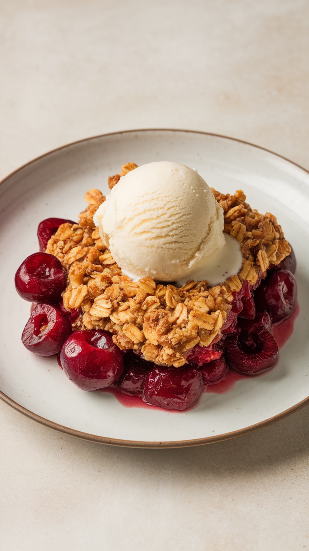 A serving of cherry crisp topped with vanilla ice cream on a white plate.