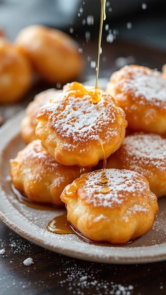 Delicious Buñuelos de Viento topped with syrup and powdered sugar