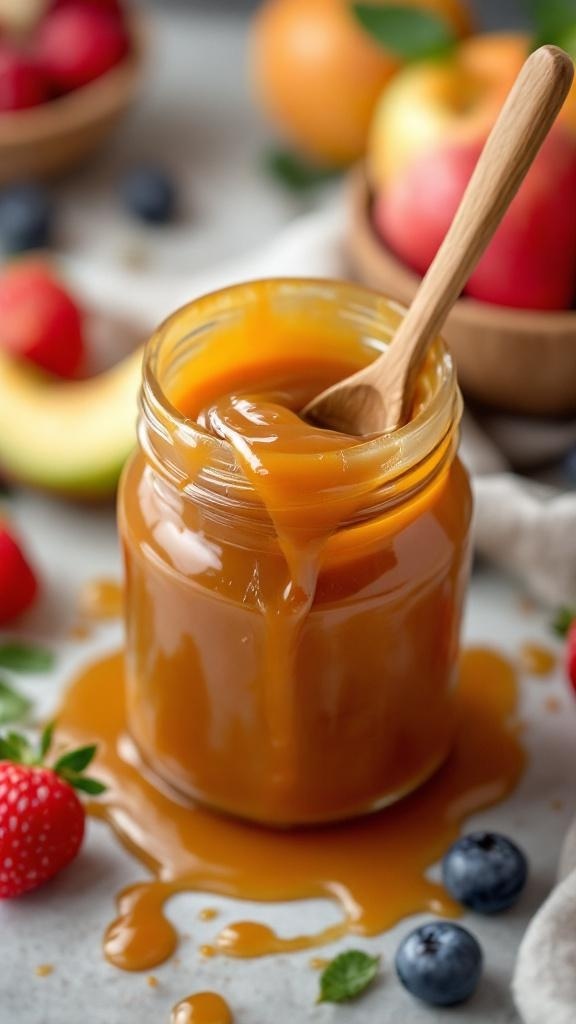 A jar of homemade cajeta with a wooden spoon, surrounded by fresh fruits.