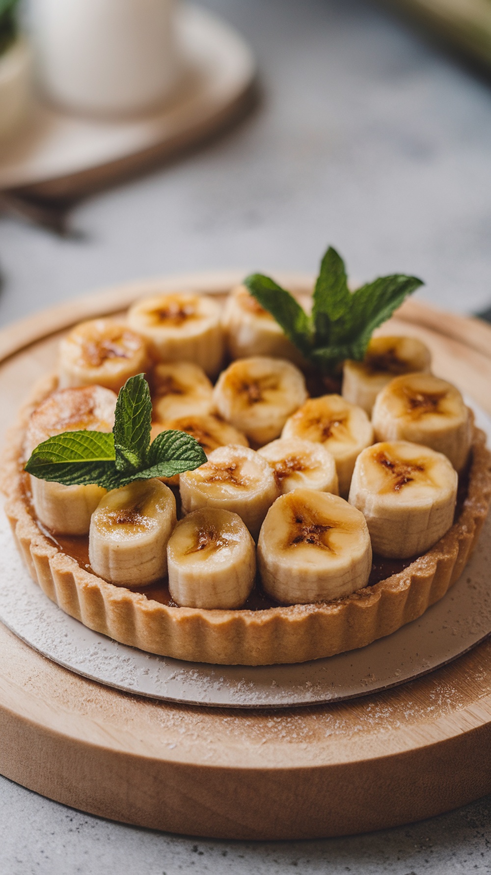 A delicious caramelized banana tart topped with mint leaves.