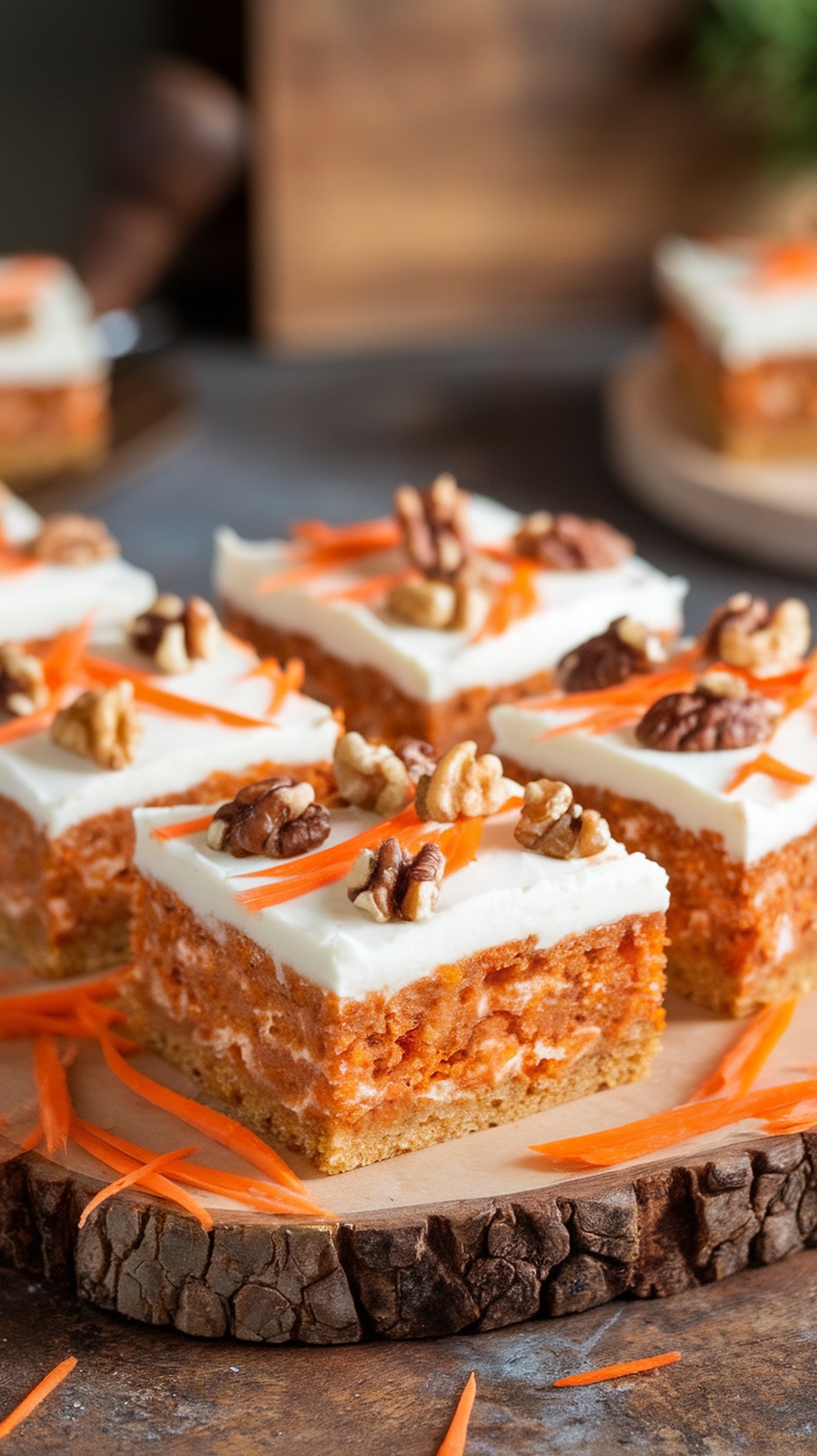 Delicious carrot cake bars topped with cream cheese frosting and garnished with walnuts and shredded carrots.