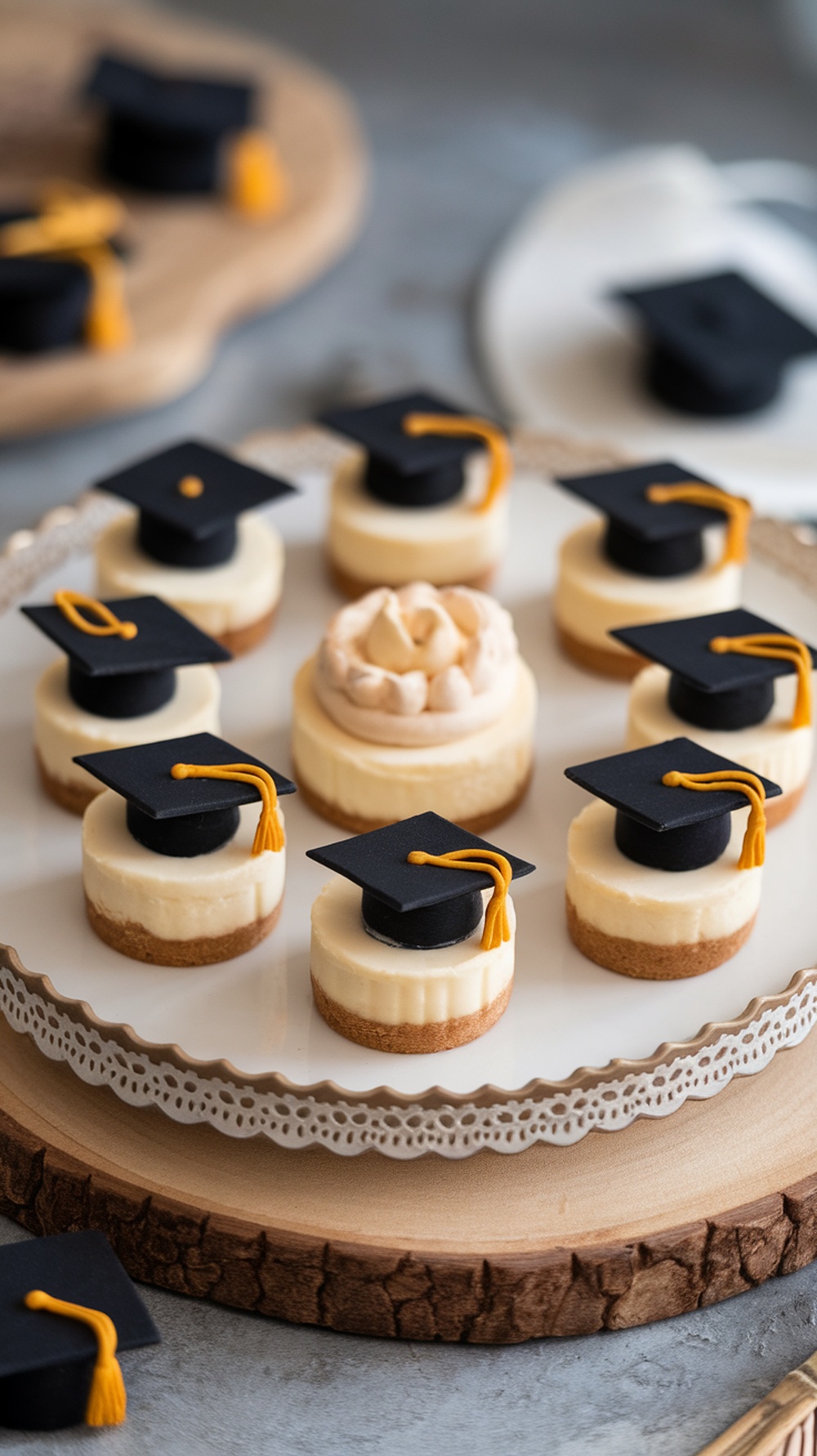 Cheesecake bites topped with fondant caps for a graduation party.