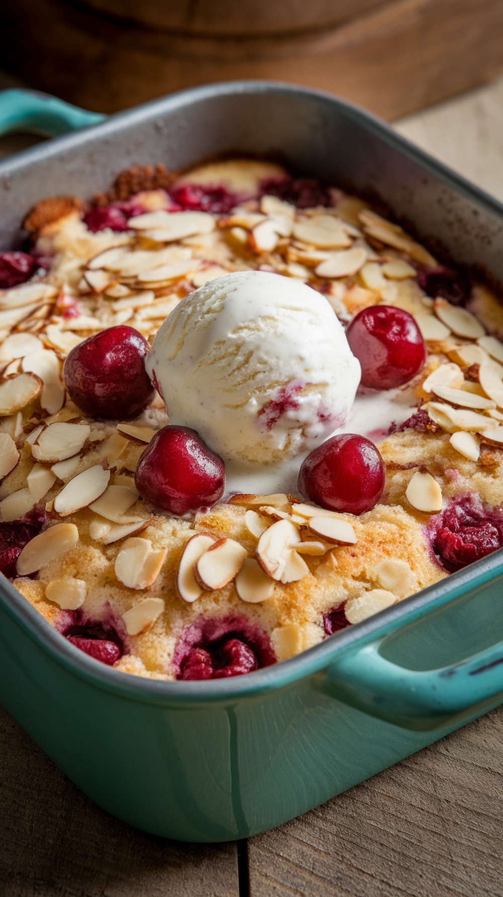 Delicious cherry almond dump cake served with ice cream and garnished with almonds.
