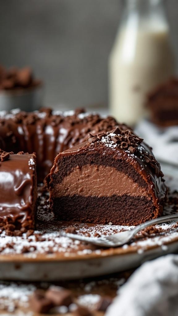 A slice of chocoflan, showcasing its chocolate cake top and creamy flan layer.