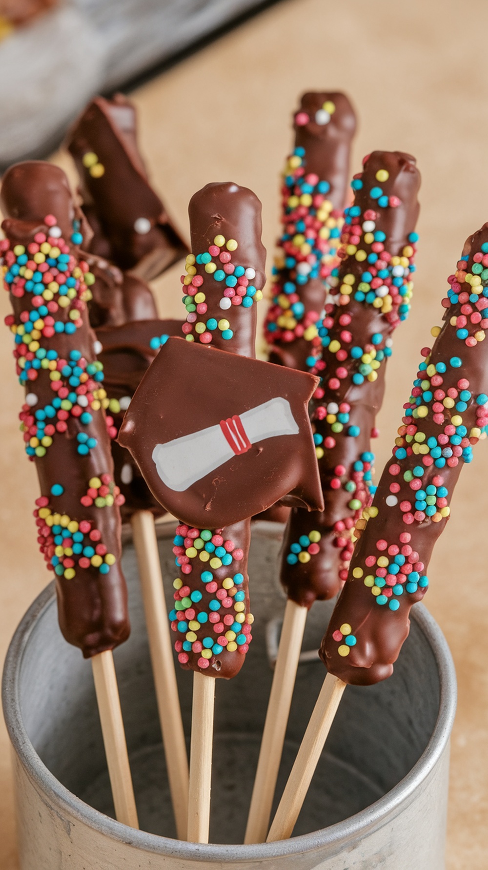 Chocolate-covered pretzel rods decorated with colorful sprinkles