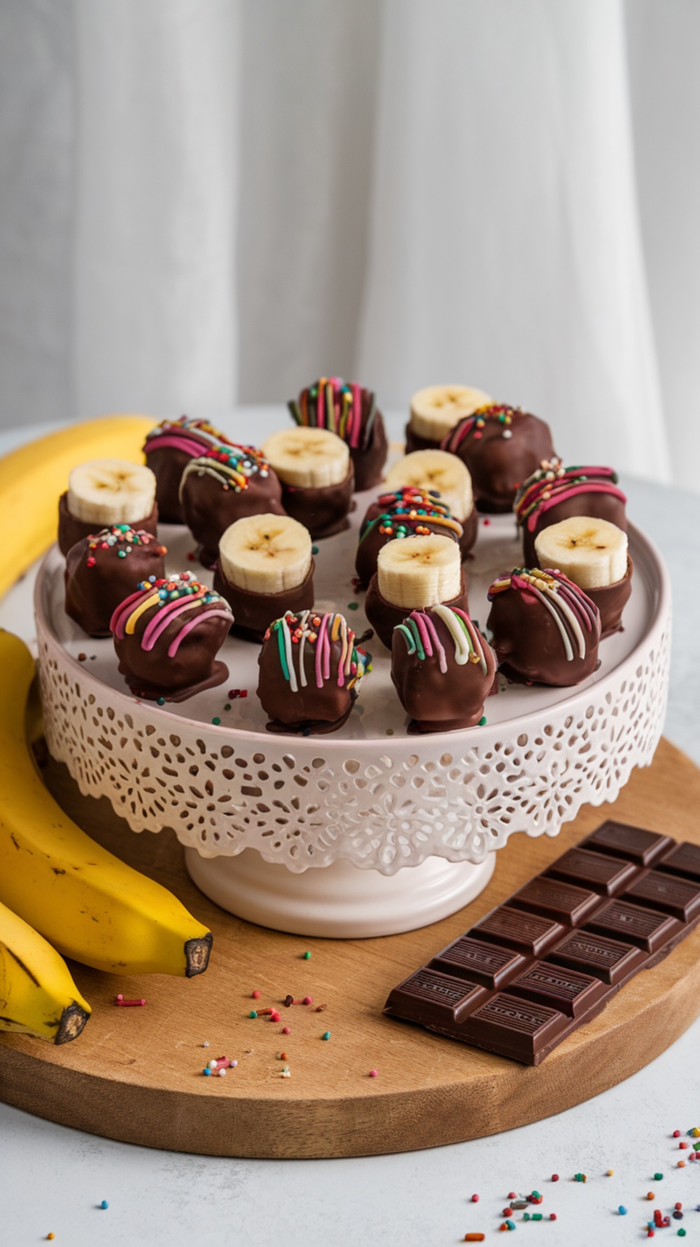 A plate of chocolate-dipped banana bites decorated with colorful sprinkles.
