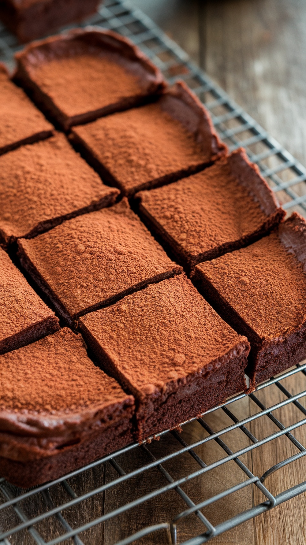 Fudgy chocolate avocado brownies cut into squares and dusted with cocoa powder.