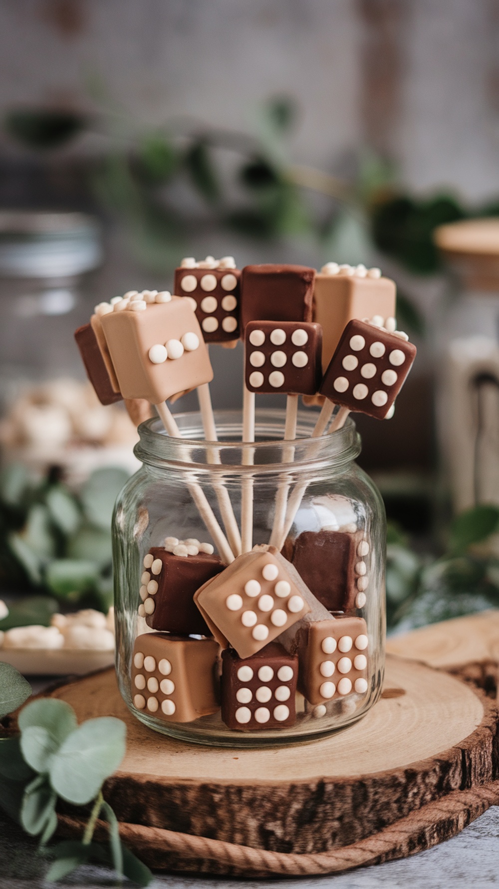 Chocolate Baby Blocks Cake Pops in a jar on a wooden surface