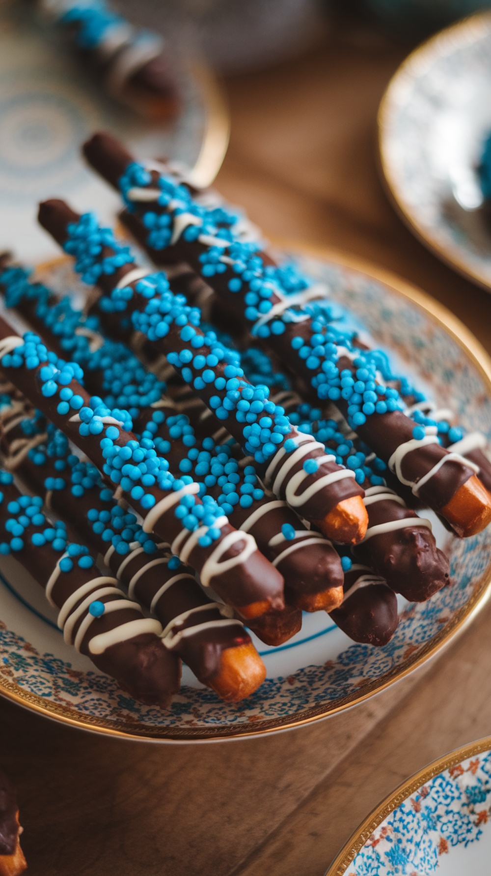 Close-up of chocolate dipped pretzel rods with blue sprinkles on a decorative plate.