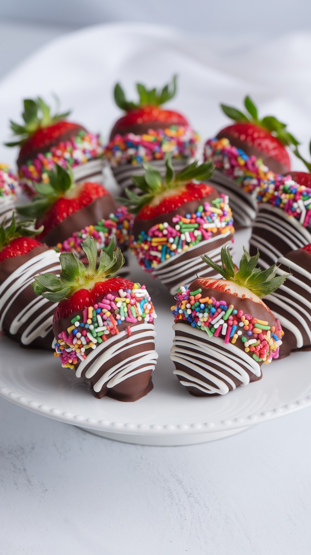 Plate of chocolate dipped strawberries with colorful sprinkles