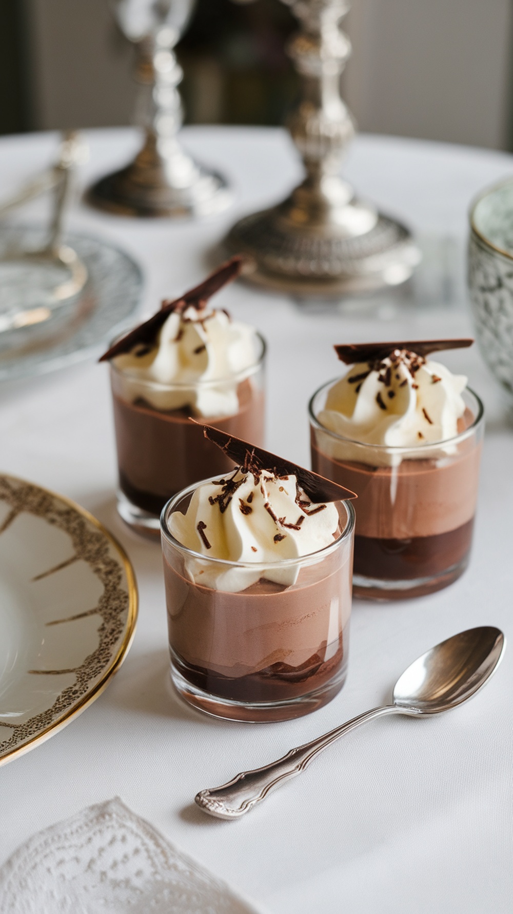 Chocolate mousse cups topped with whipped cream and chocolate shavings